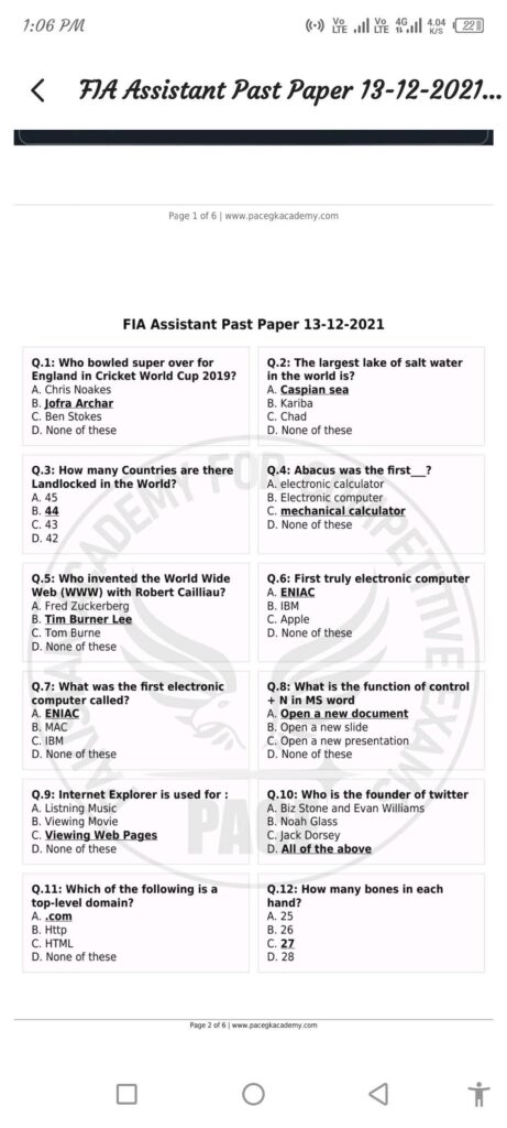 FIA Assistant Past Papers with Answers PDF 