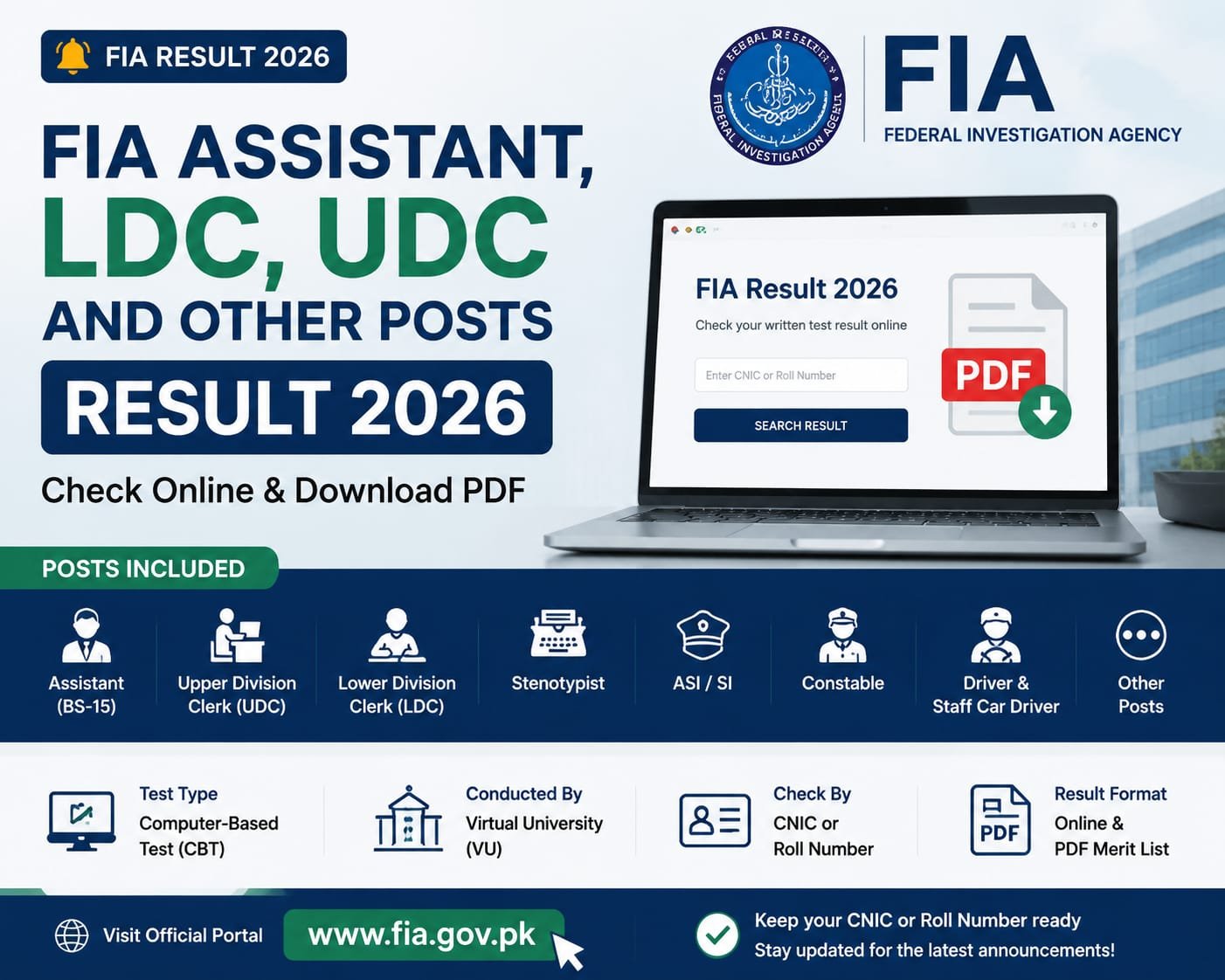 FIA Assistant, LDC, UDC and Other Posts Result 2026 PDF Download  Check Merit List Online