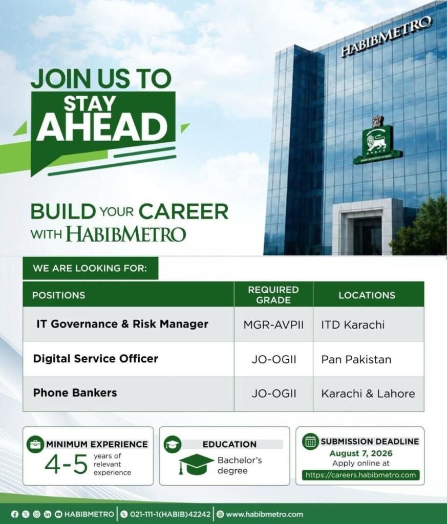 Apply online for HabibMetro Bank Jobs 2026 in Pakistan. Check vacancies, eligibility criteria, salary, benefits, and the complete application process before 07 August 2026