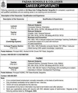 Fazaia Schools & Colleges Jobs 2026