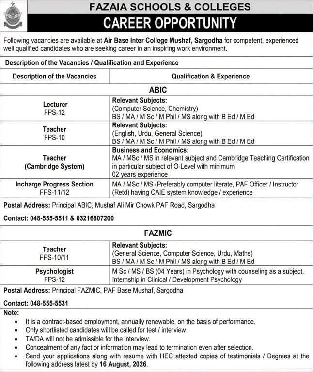 Fazaia Schools & Colleges Jobs 2026