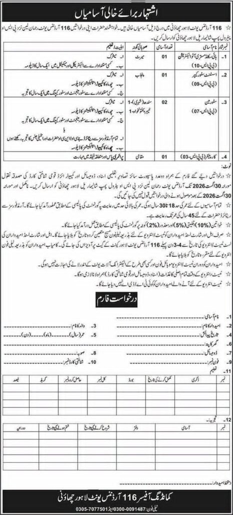 116 Ordnance Unit Lahore Jobs 2026
