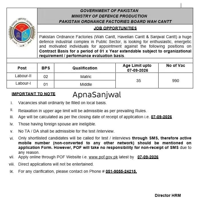 Pakistan Ordnance Factories Jobs 2026