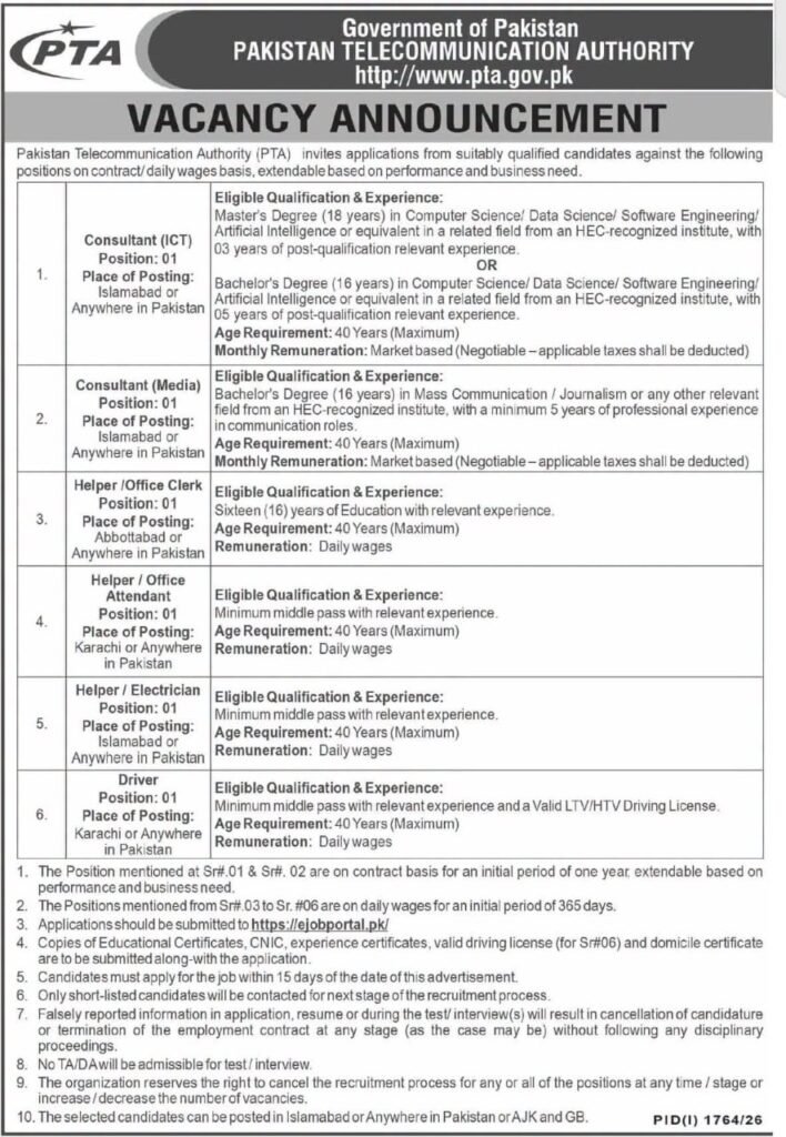 Pakistan Telecommunication Authority PTA Jobs 2026