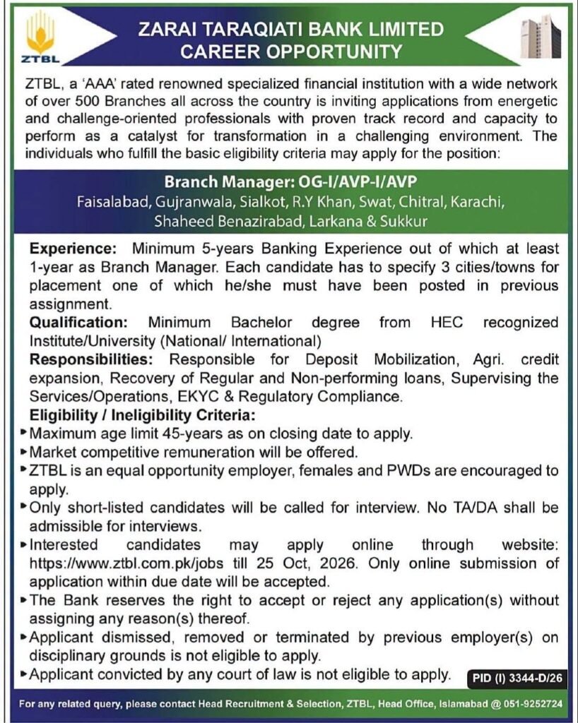 ZTBL Jobs 2026 Apply Online for Branch Manager Positions
