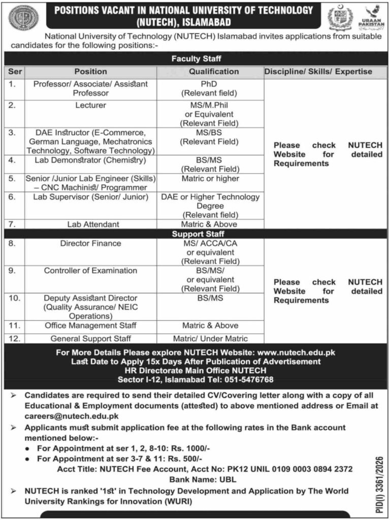 Job advertisement for various academic positions at National University of Technology