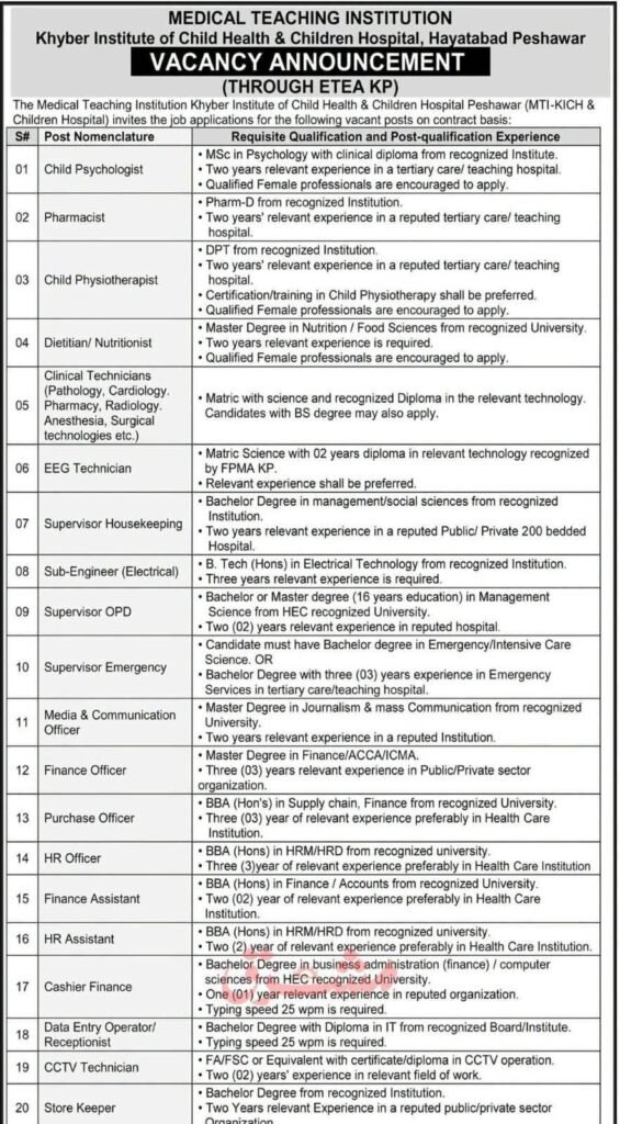 Job Vacancy Announcement for Khyber Institute of Child Health & Children Hospital