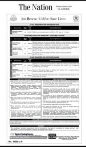 Job advertisement for Emergency Officer positions at Rescue 1122, Lahore