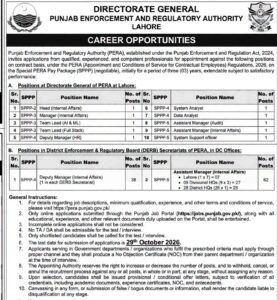 Job advertisement for various positions at Punjab Enforcement and Regulatory Authority
