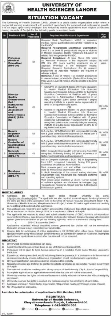 Job advertisement for Professor (Medical Education) at University of Health Sciences Lahore
