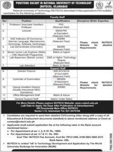 Job advertisement for faculty and support staff positions at NUTECH Islamabad.