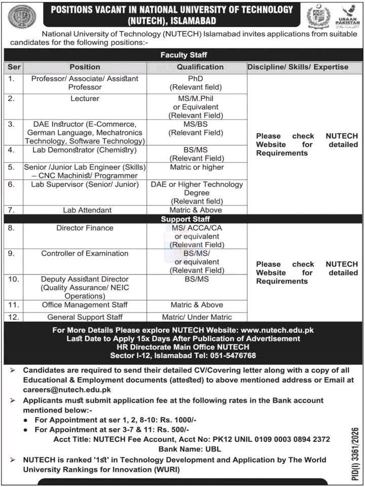 Job advertisement for faculty and support staff positions at NUTECH Islamabad.